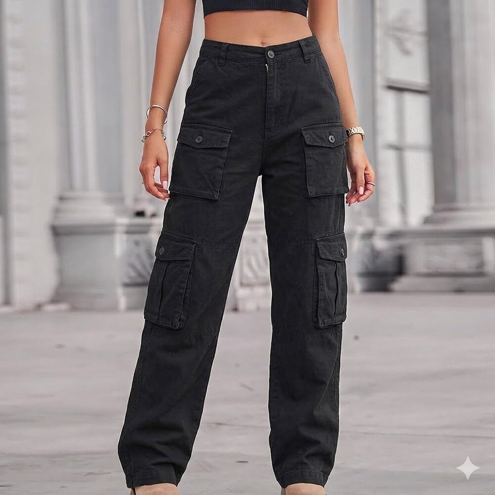 💥🚀💥 F21 Black Cargo Pants Size L Utility Multi Pocket Streetwear Y2K Style